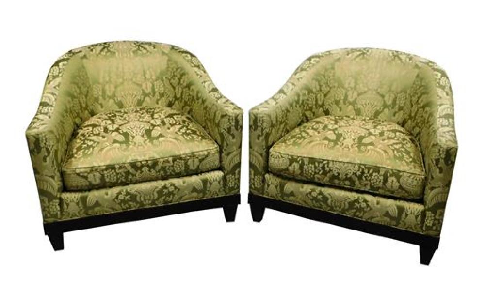 PAIR UPHOLSTERED BARREL CLUB CHAIRS,