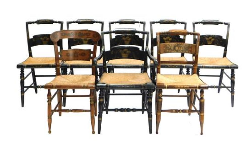 EIGHT HITCHCOCK CHAIRS WITH RUSH SEATS,