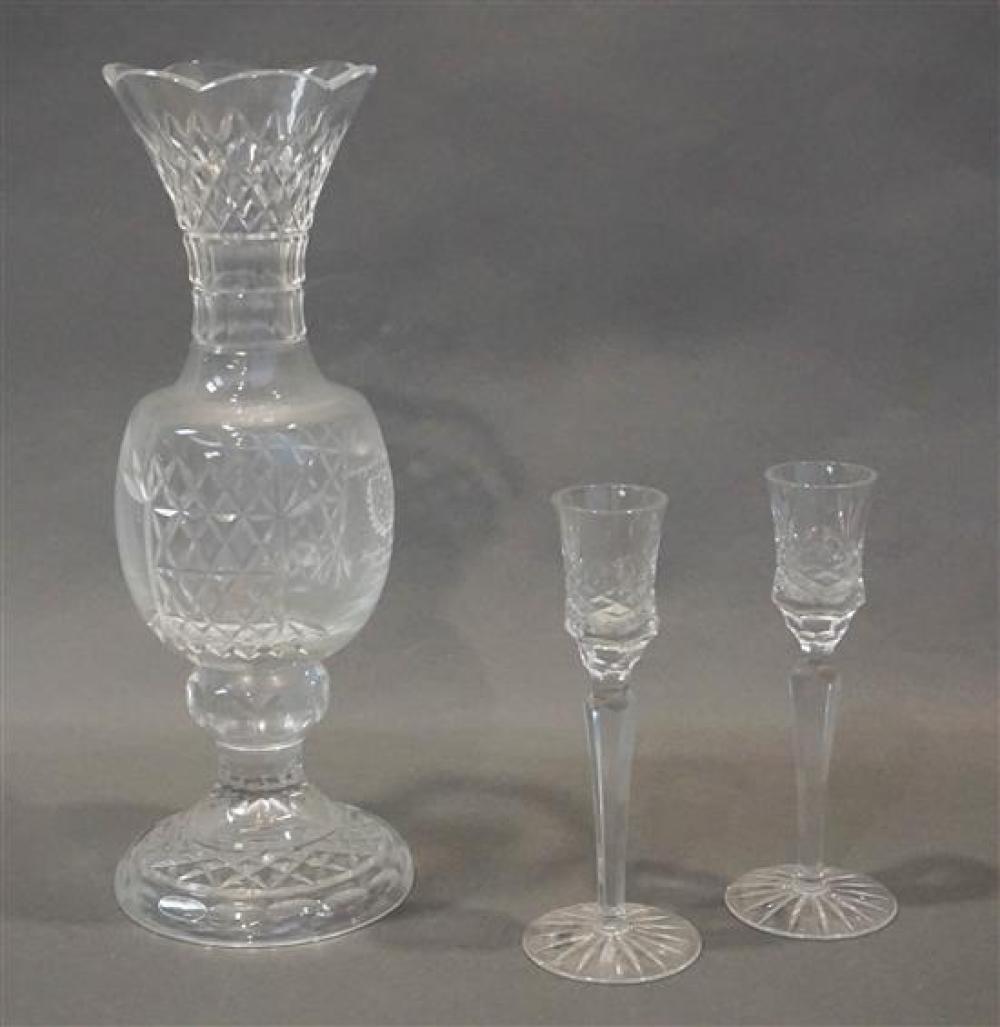 WATERFORD CUT CRYSTAL VASE AND A PAIR