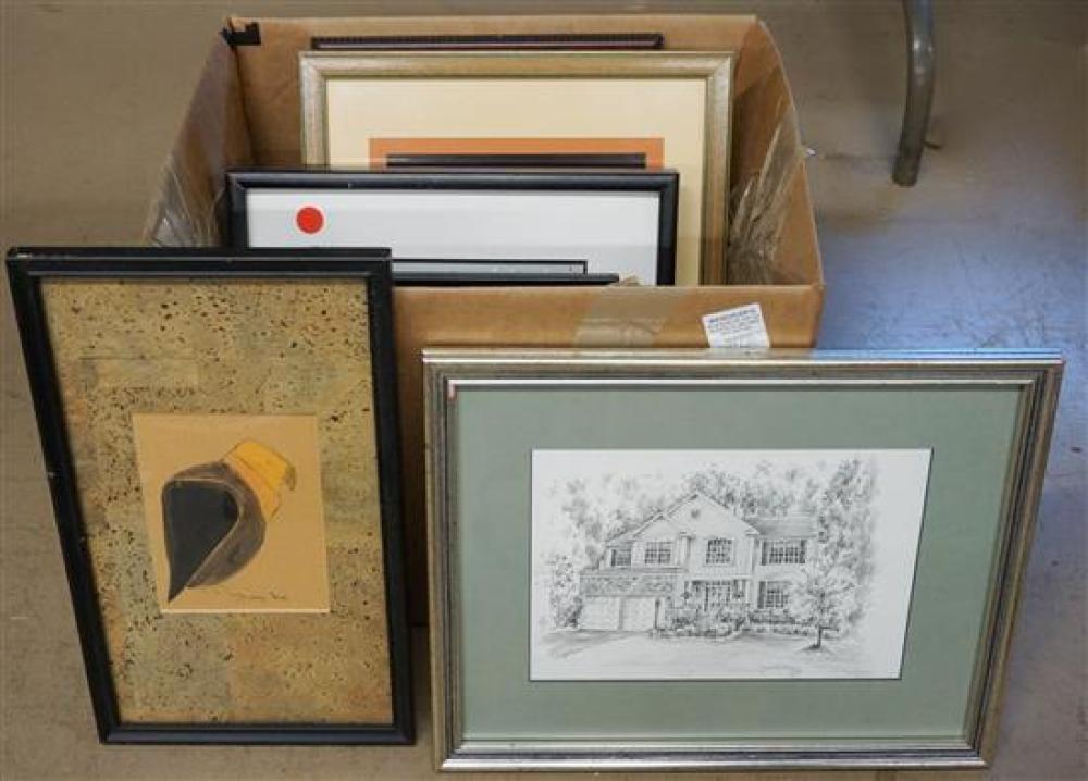 BOX OF FRAMED WORKS OF ART, LARGEST: