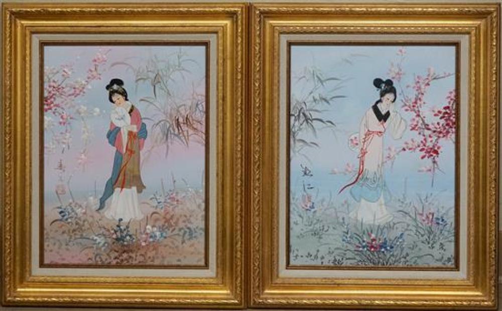 CHINESE MAIDENS IN A GARDEN, PAIR OF