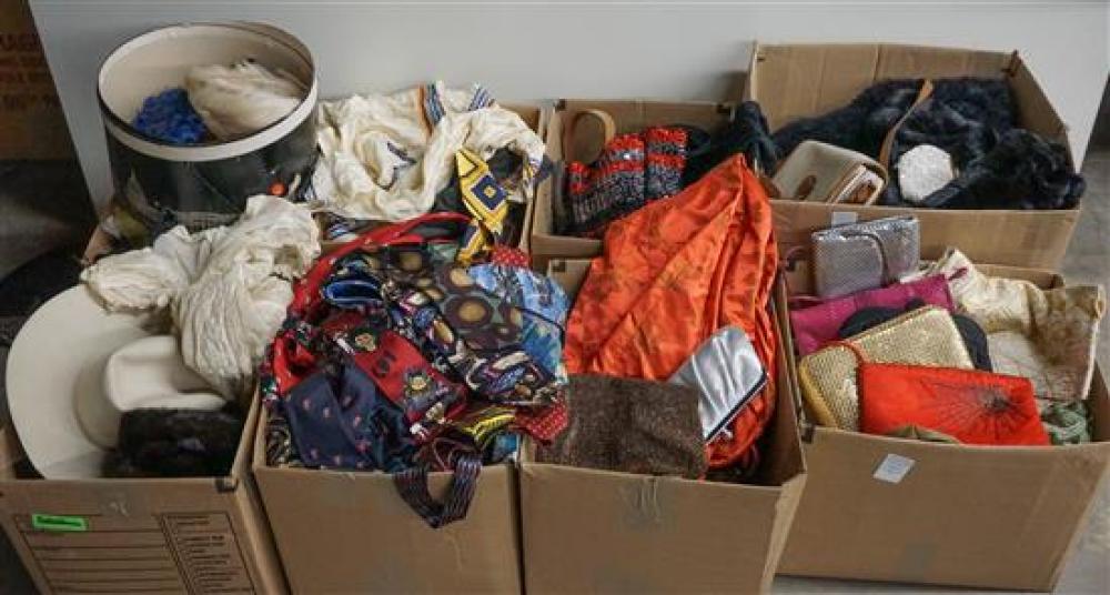 EIGHT BOXES OF CLOTHING INCLUDING PURSES,