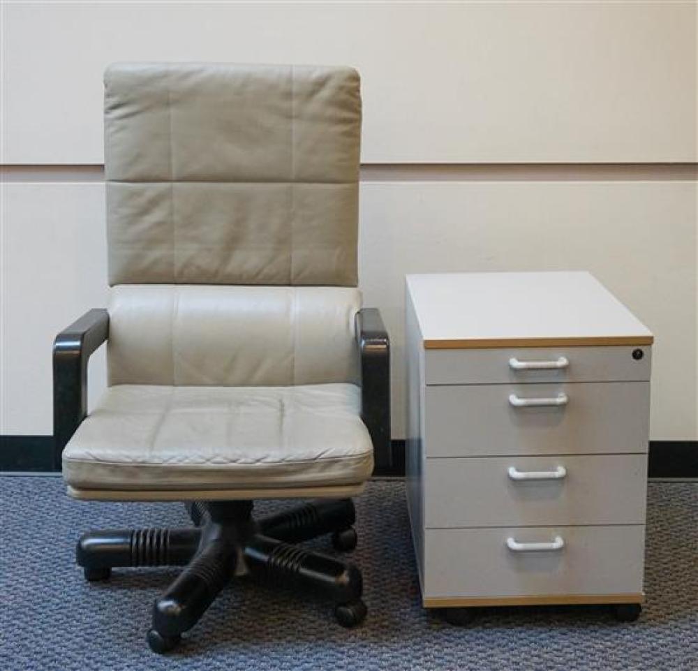 GRAY LEATHER OFFICE CHAIR AND AN