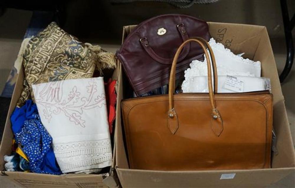 TWO BOXES OF PURSES, TABLE LINENS