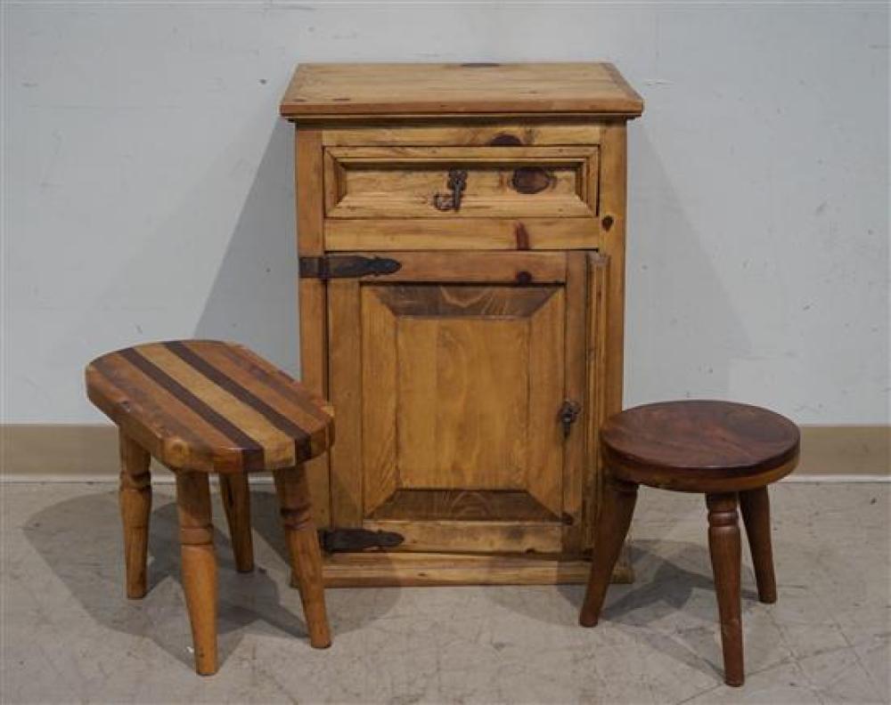 PINE SIDE CABINET, A WALNUT STOOL AND