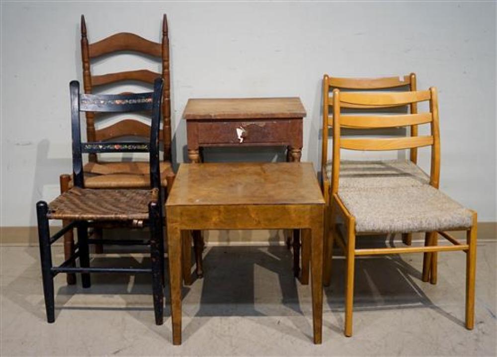 TWO FRUITWOOD SIDE TABLES AND FOUR CHAIRSTwo