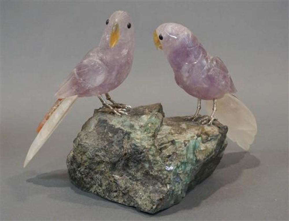 TWO CHINESE MIXED QUARTZ PERCHED 31f9a8