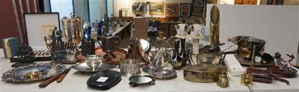 GROUP OF SILVER PLATE, BRASS AND