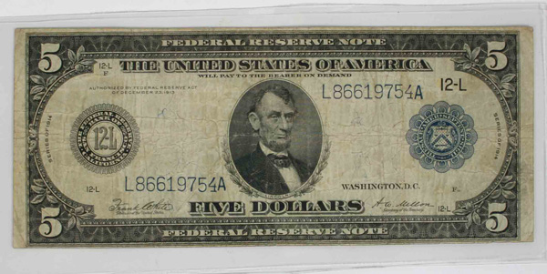 1914 Large Bill $5 Federal Reserve