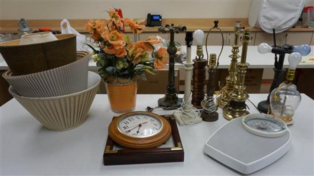 EIGHT TABLE LAMPS, TWO WALL CLOCKS,