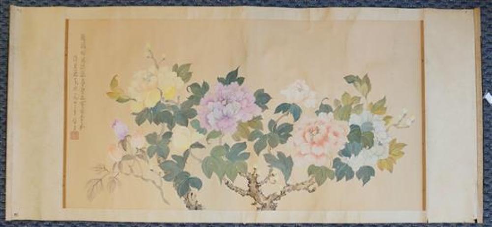 CHINESE HANGING SCROLL, PEONIES,