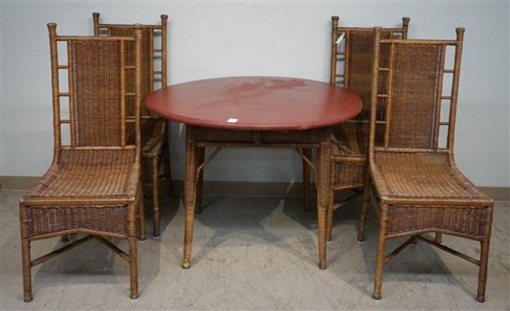 WICKER AND RED ENAMEL FRUITWOOD SIDEBOARD,