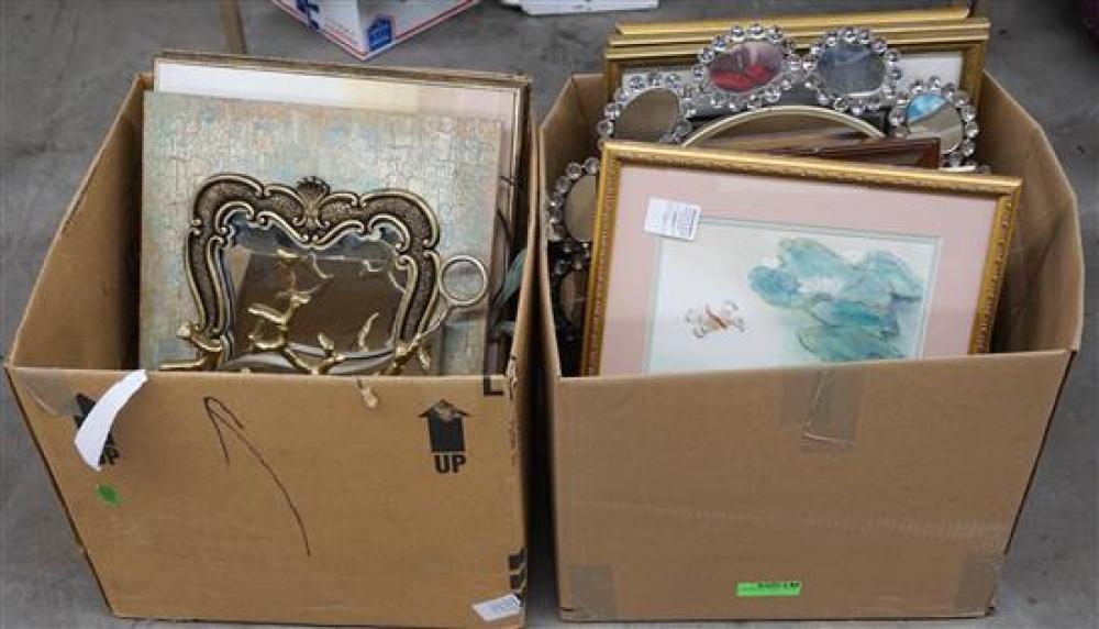 TWO BOXES OF FRAMED ART AND MIRRORSTwo