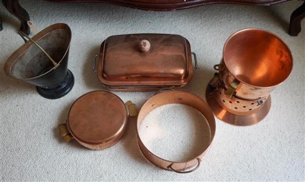 TôLE COAL SCUTTLE AND FIVE COPPER TABLE