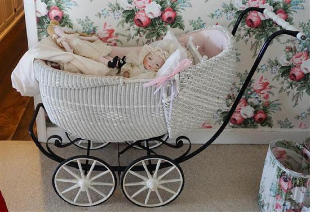 WICKER BABY CARRIAGE AND ASSORTED DOLLSWicker