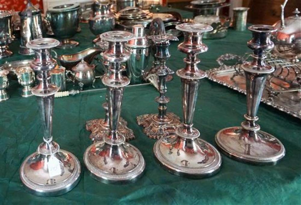 THREE PAIRS OF SILVER PLATED CANDLESTICKSThree