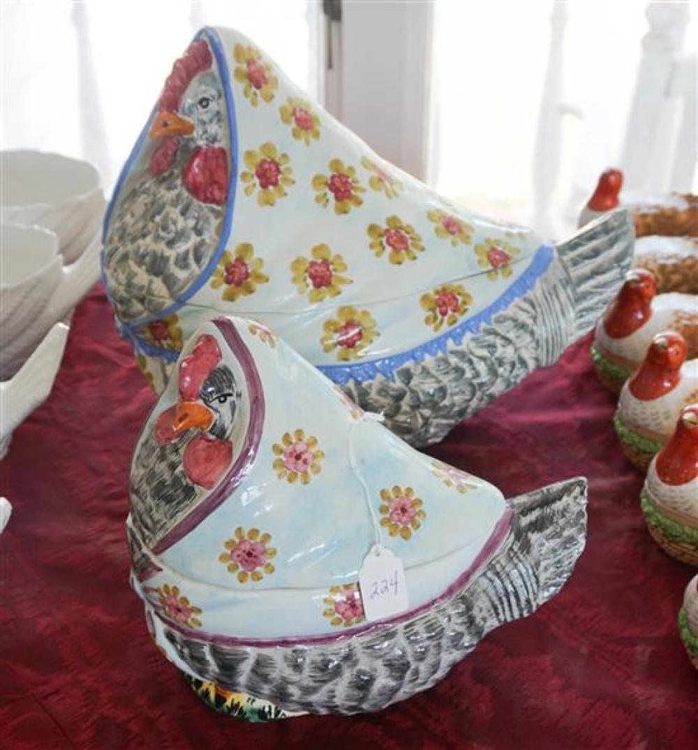 TWO DECORATED CERAMIC "HEN" COVERED