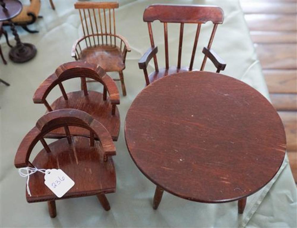 FOUR DOLL HOUSE CHAIRS, ROUND TABLEFour