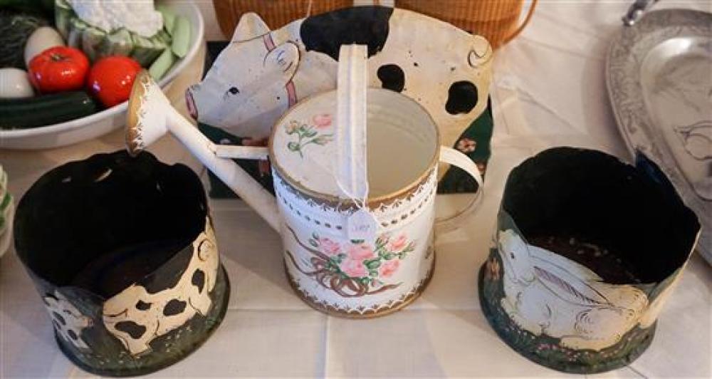 THREE TôLE DECORATED PLANTERS, WATERING