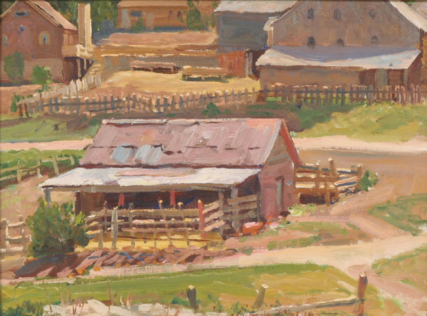 Naive rural stable scene; oil on