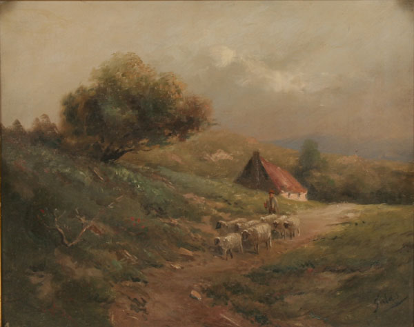 Sheep and shepherd in pastoral landscape;