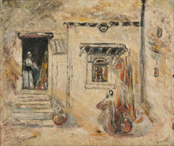 Middle Eastern scene with figures; oil