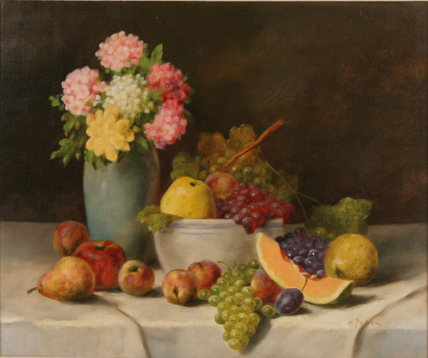 Still Life with flowers and fruit; oil
