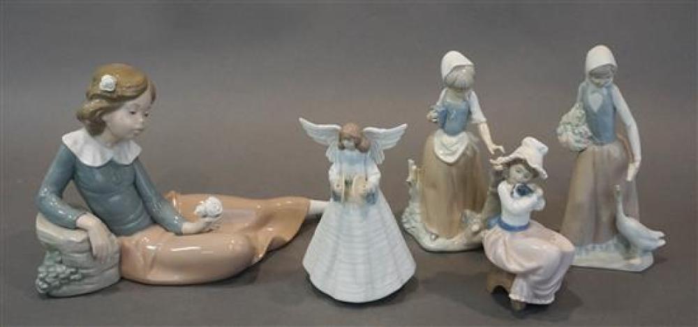 LLADRO AND FOUR NAO PORCELAIN FIGURINESLladro