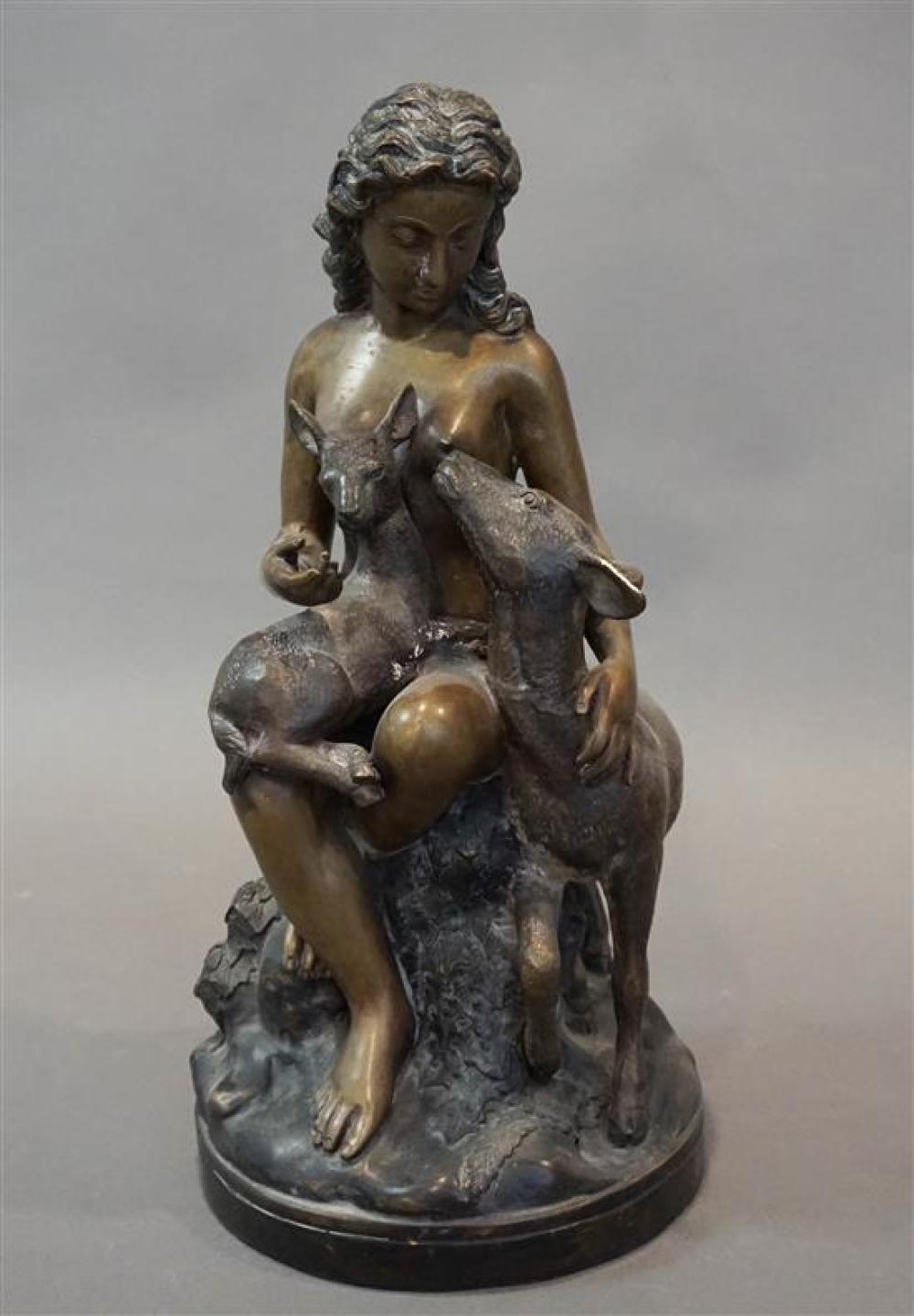 BRONZE GROUP OF GIRL WITH TWO LAMBS,