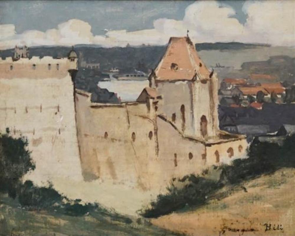 HILL, VIEW OF MEDIEVAL CASTLE, OIL ON