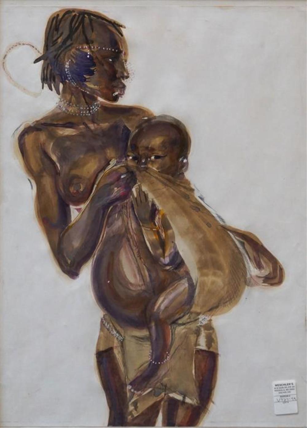 AFRICAN MOTHER AND CHILD, WATERCOLOR