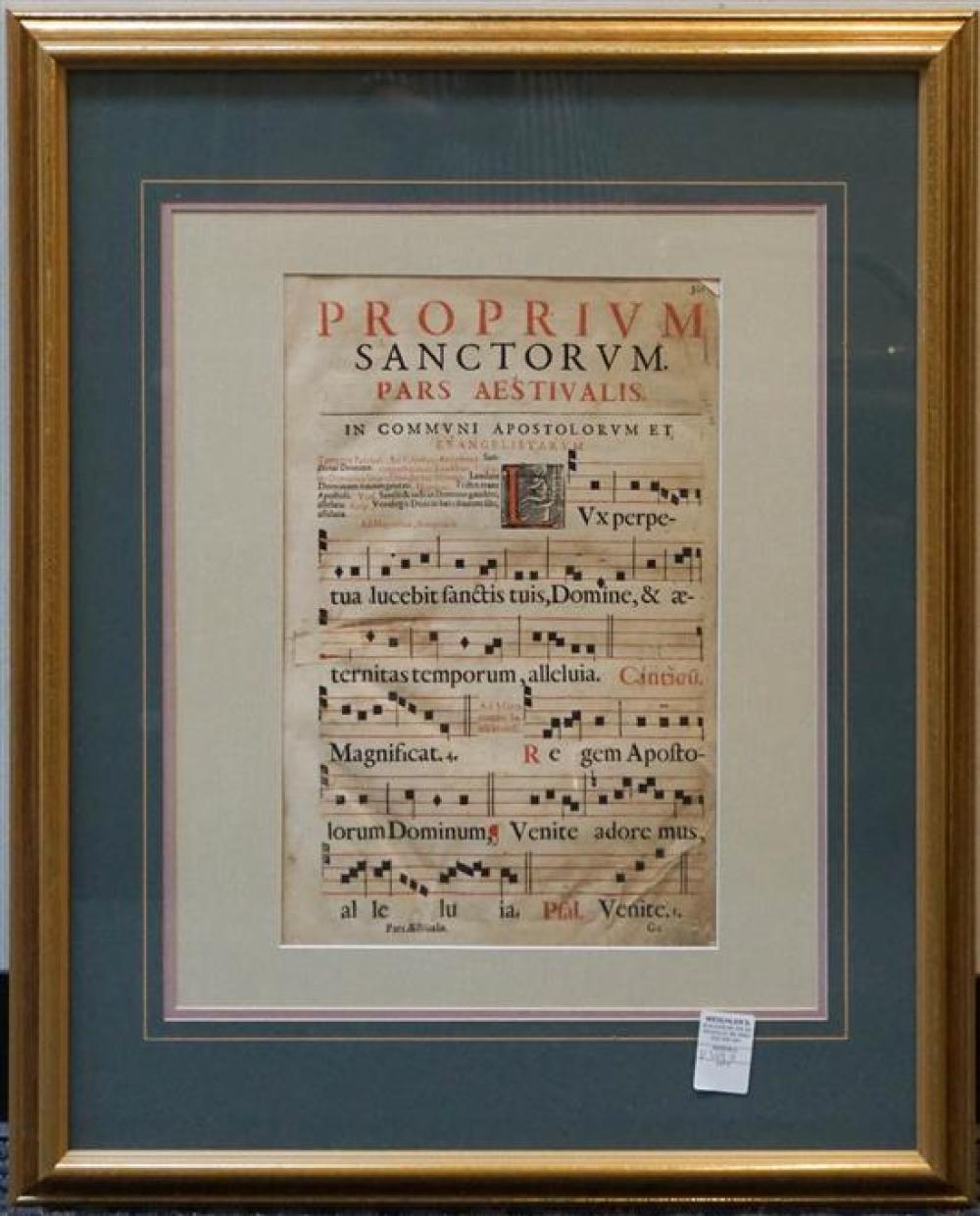 FRAMED 17TH CENTURY MUSICAL PAGE  3204a5