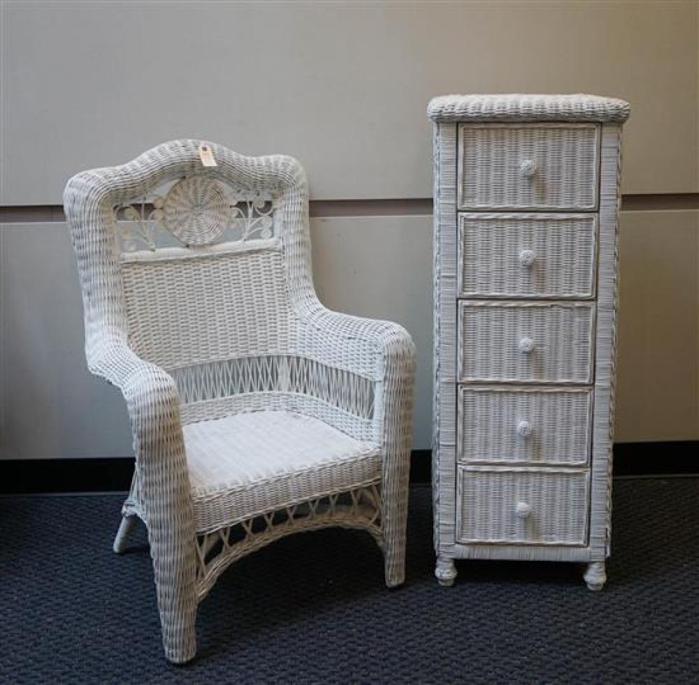 WHITE PAINTED WICKER ARMCHAIR AND