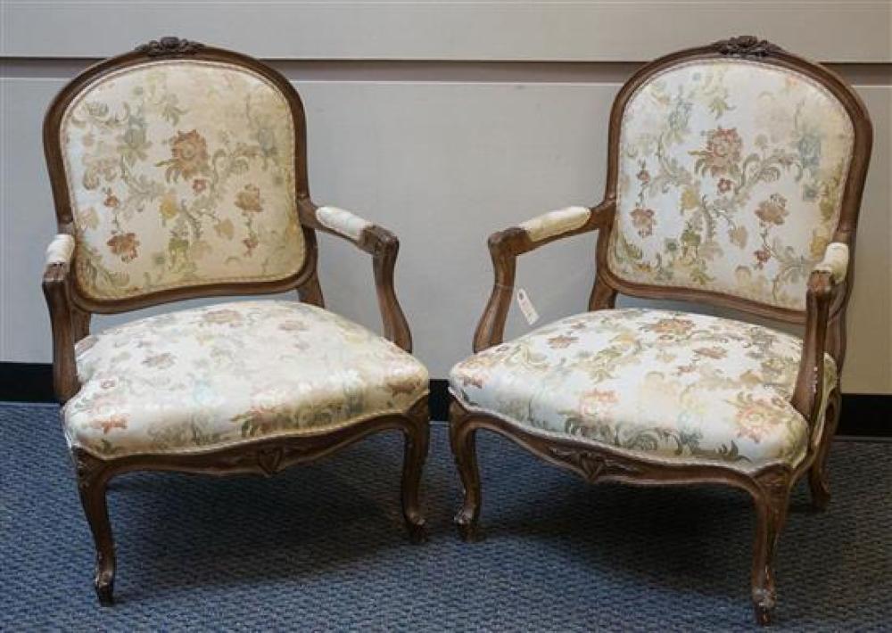 PAIR OF LOUIS XV STYLE WALNUT UPHOLSTERED
