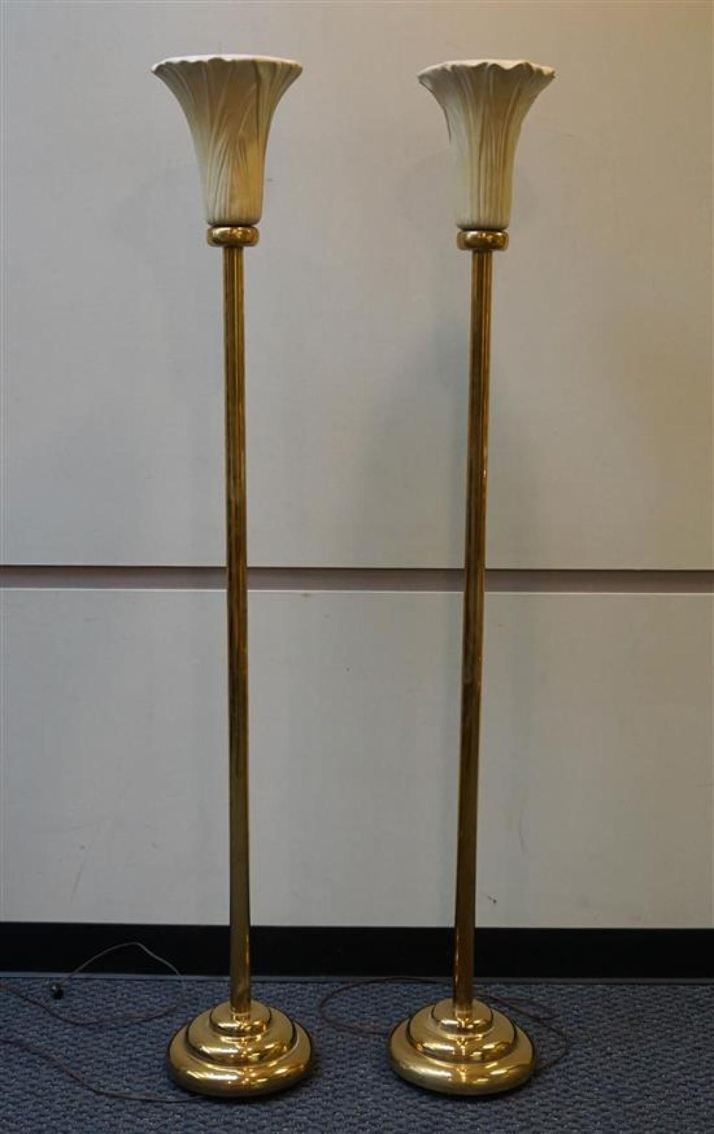 PAIR OF BRASS AND CERAMIC TORCHèRE