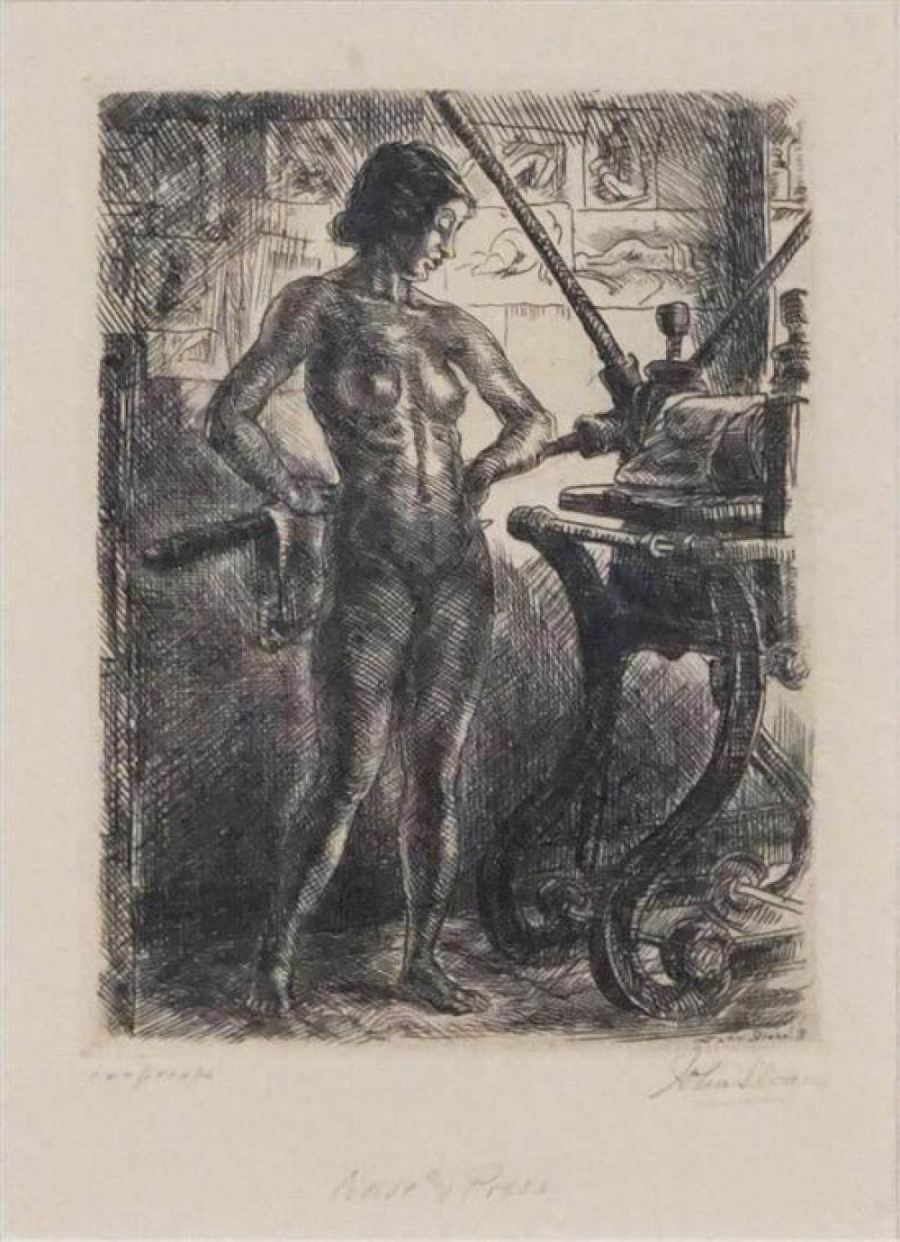 JOHN SLOAN, 'NUDE AND PRESS', ETCHING,