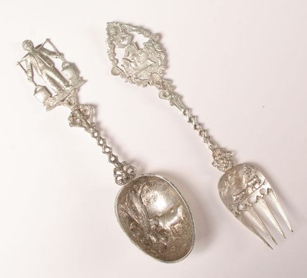 Dutch silver spoon and fork; scenes