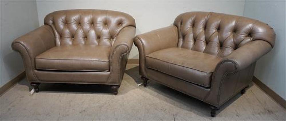 PAIR OF BROWN LEATHER UPHOLSTERED