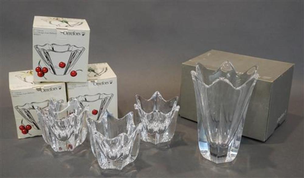 ORREFORS CRYSTAL VASE AND THREE