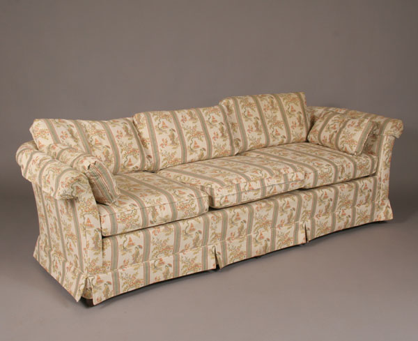 Drexel sofa with Asian themed upholstery.