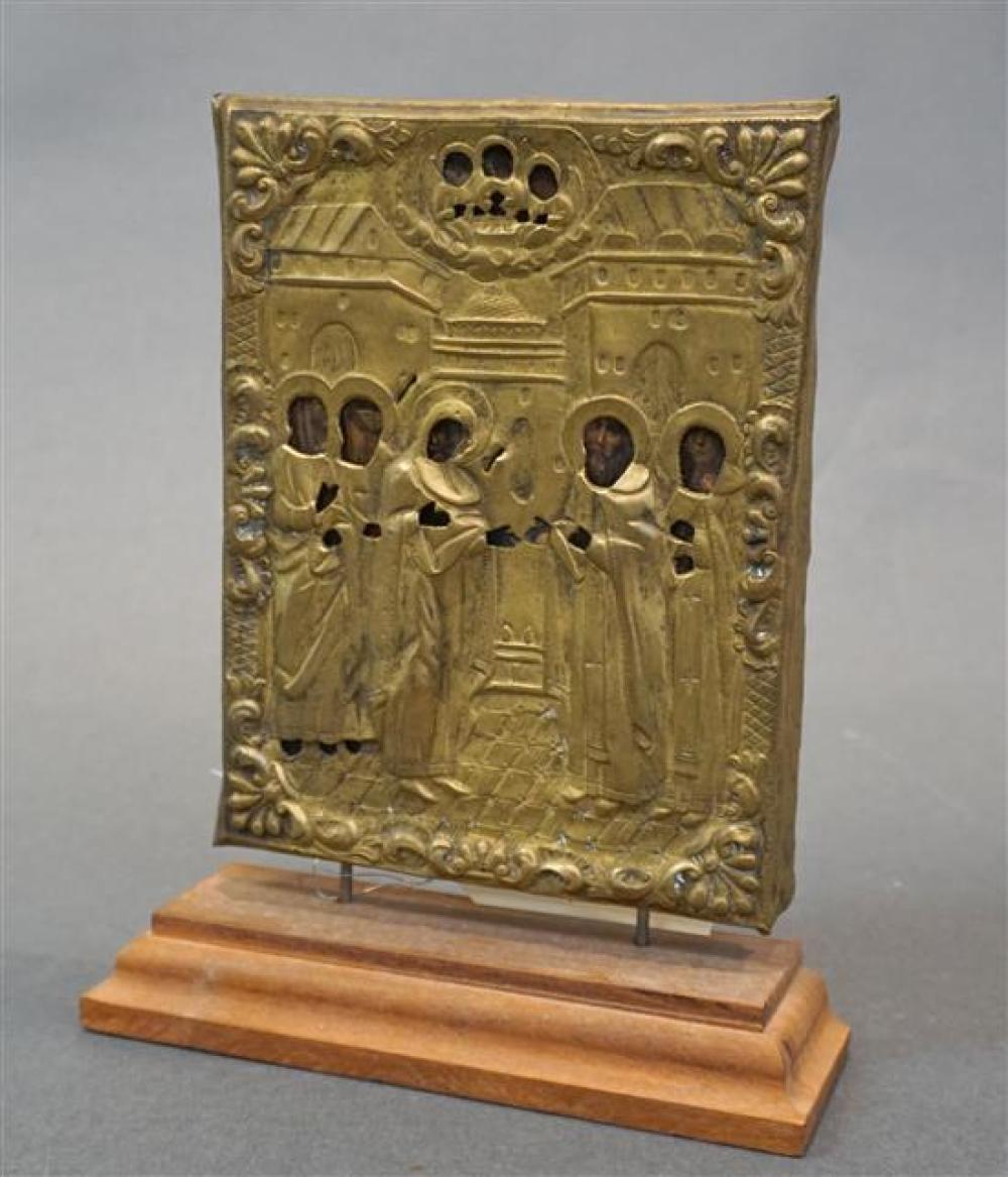 RUSSIAN BRASS MOUNTED ICON ON STAND,