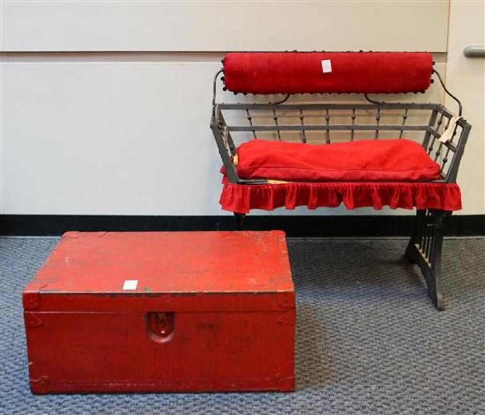 BLACK PAINTED METAL BENCH AND RED