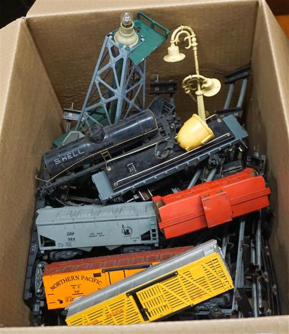 BOX WITH MODEL RAILROAD CARS, TRACKS