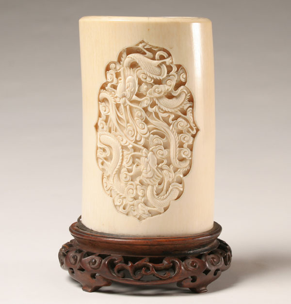Carved ivory tusk cylinder/vase;