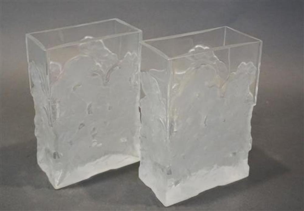 PAIR FROSTED MOLDED GLASS VASES  320abd