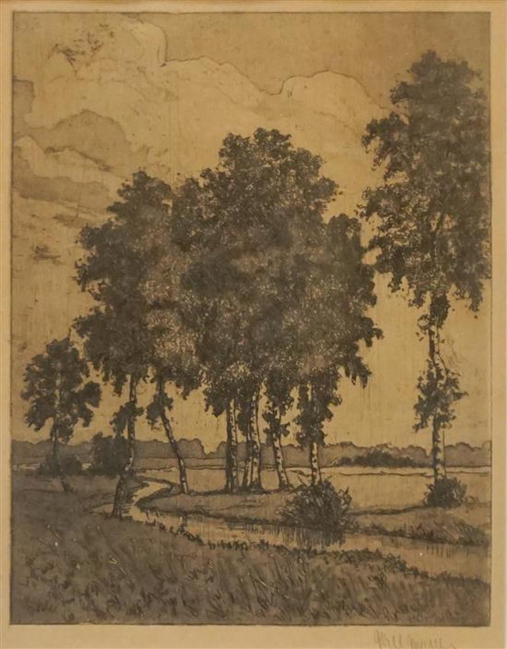 W. MATHES, TREES AND CREEK, ETCHING,