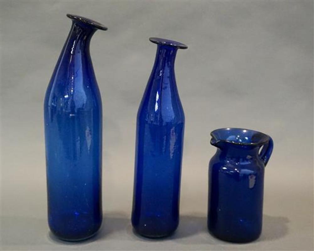 TWO COBALT BLUE GLASS VASES AND PITCHER,