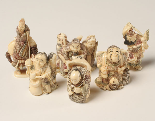 Six Japanese carved netsuke; warriors