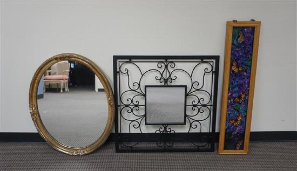 BLACK METAL FRAME MIRROR, GILT OVAL