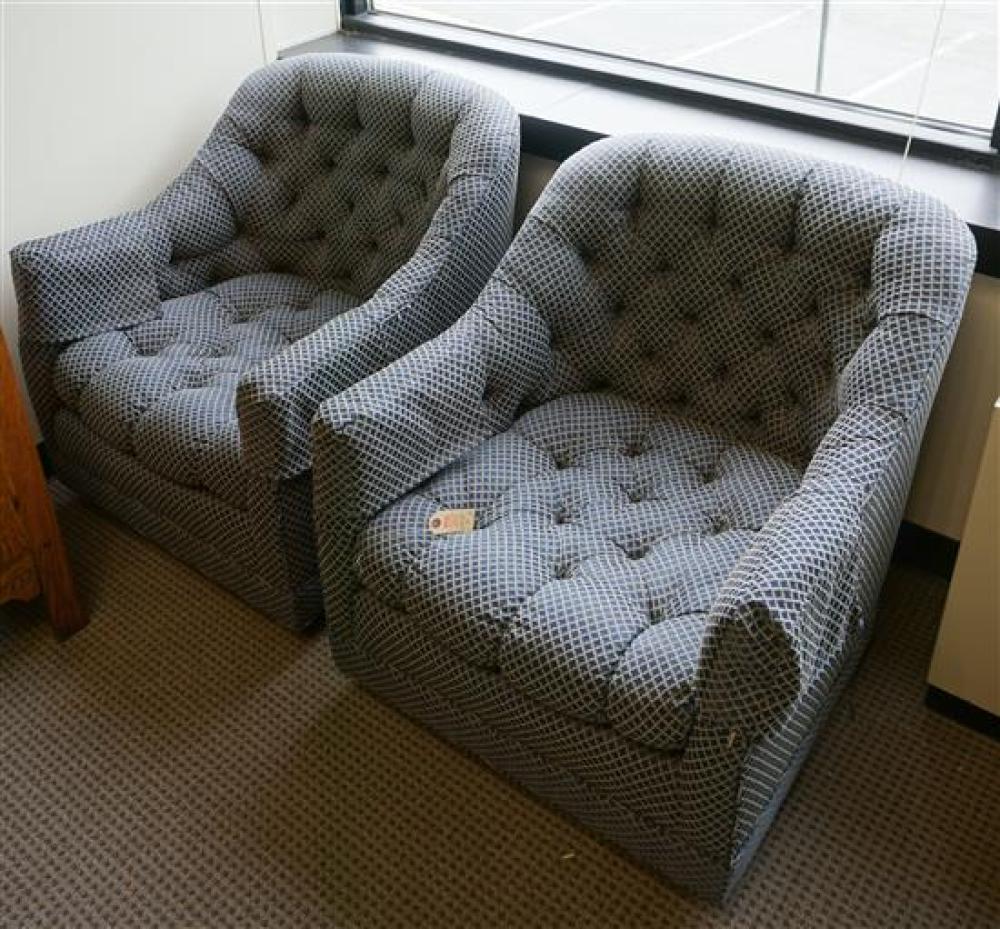 PAIR BLUE UPHOLSTERED SWIVEL LOUNGE